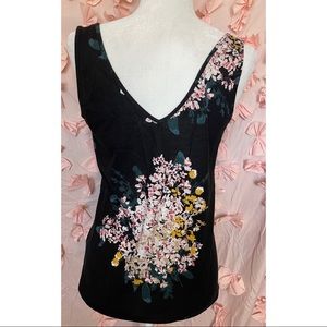 Floral tank top. Black, pink and turquoise.